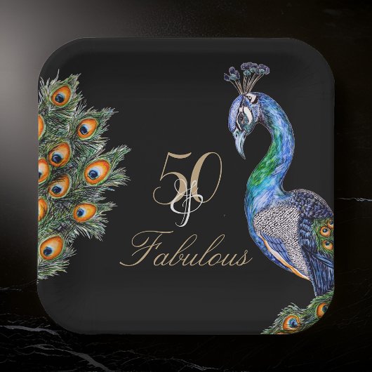 50 & Fabulous Elegant Waterverf Peacock Birthday Papieren Bordje