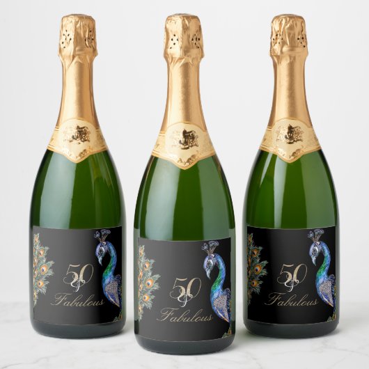 50 & Fabulous Elegant Waterverf Peacock Birthday Sparkling Wijnetiket (Flessen)