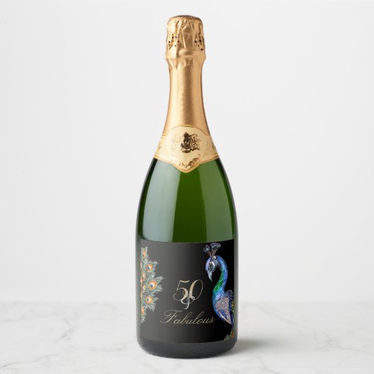 50 & Fabulous Elegant Waterverf Peacock Birthday Sparkling Wijnetiket (Voorkant)