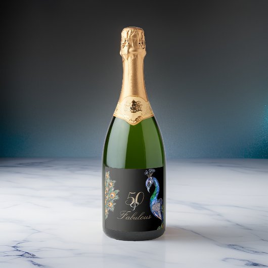 50 & Fabulous Elegant Waterverf Peacock Birthday Sparkling Wijnetiket