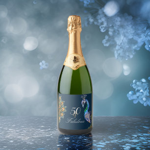 50 & Fabulous Elegant Waterverf Peacock Burgundy Sparkling Wijnetiket