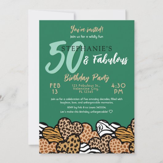 50 & Fabulous Emerald Wild Hearts Vijftig Verjaard Kaart (Voorkant)