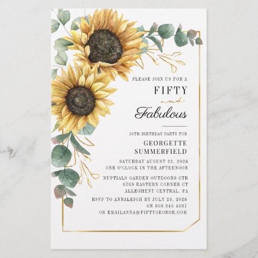 50 Fabulous Eucalyptus Sunflower Birthday Invite Briefpapier (Voorkant)