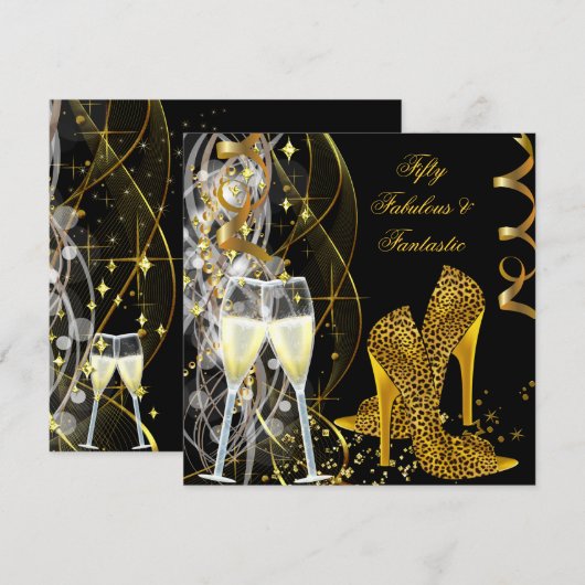 50 Fabulous & Fantastic Leopard Champagne Party Kaart (Voorkant / Achterkant)