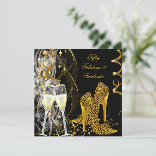 50 Fabulous & Fantastic Leopard Champagne Party Kaart (Staand voorkant)