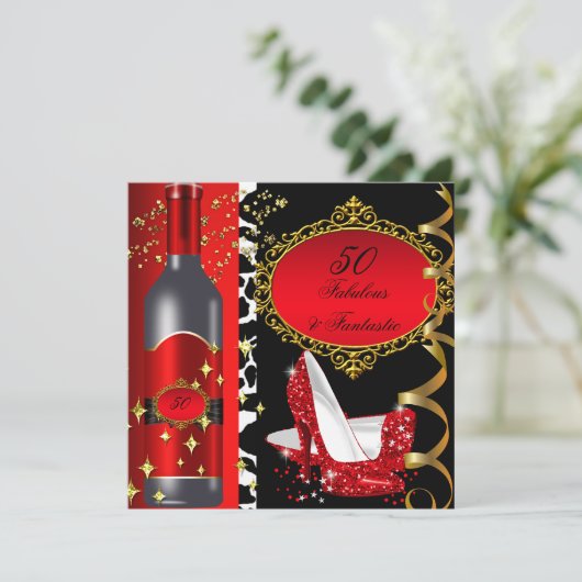 50 & Fabulous Fantastic Red Black Gold Birthday 2 Kaart (Staand voorkant)