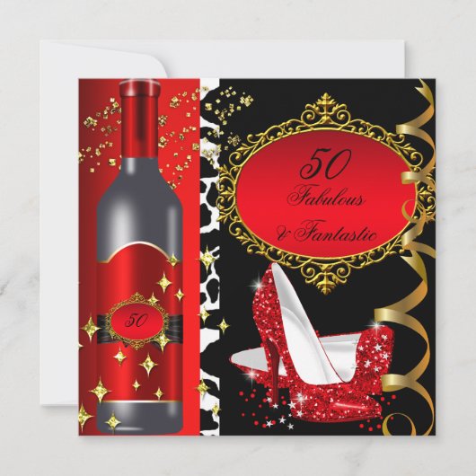 50 & Fabulous Fantastic Red Black Gold Birthday 2 Kaart (Voorkant)