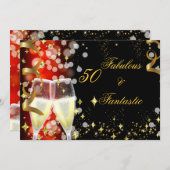 50 & Fabulous Fantastic Red Gold Champagne Party Kaart (Voorkant / Achterkant)