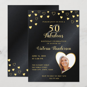 50 & Fabulous Faux Black Metallic & Gold Birthday Kaart