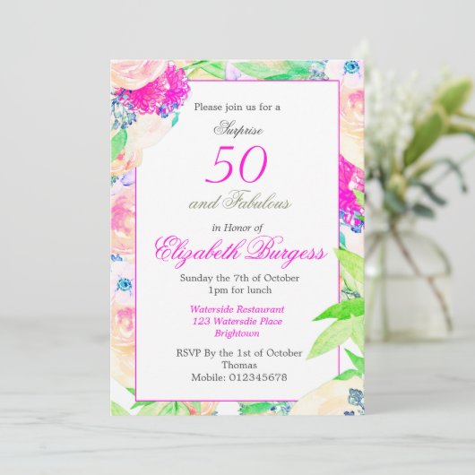 50 Fabulous Floral Roos Pink Chic Birthday Kaart (Staand voorkant)