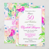 50 Fabulous Floral Roos Pink Chic Birthday Kaart (Voorkant / Achterkant)
