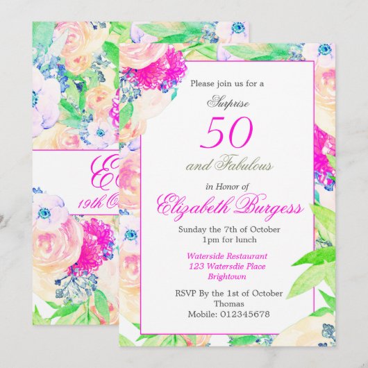 50 Fabulous Floral Roos Pink Chic Birthday Kaart (Voorkant / Achterkant)