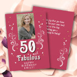 50 & Fabulous Foliage Magent 50th Birthday Foto<br><div class="desc">50 en Fabulous Foliage Magenta 50th Birthday Photo Card. 50 en fabelachtige tekst in trendy wit manuscript met een naam en wit blad op een levendige magenta achtergrond. Pas het aan met je foto, jouw naam en leeftijd. Voeg jouw tekst op de achterkant van de kaart toe of verwijder het....</div>