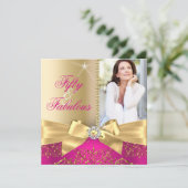 50 & Fabulous Foto Gold Pink Bow 50th Birthday Kaart (Staand voorkant)