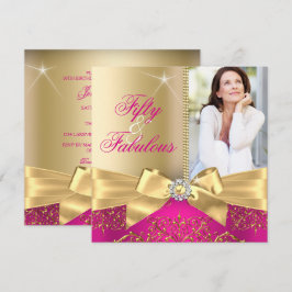 50 & Fabulous Foto Gouden Roze Strik 50e Verjaarda Kaart
