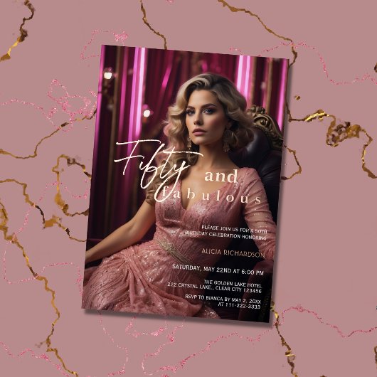50 & Fabulous Foto Roze Roze Goud Folie Uitnodiging