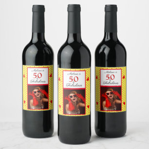 50 & Fabulous Fotonaam Rood 50ste verjaardag Geel Wijn Etiket