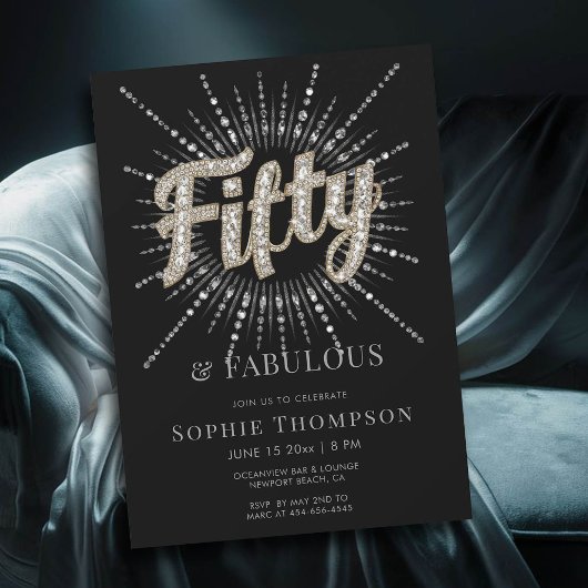 50 Fabulous Glam Glitter Burst Black 50ste verjaar Kaart