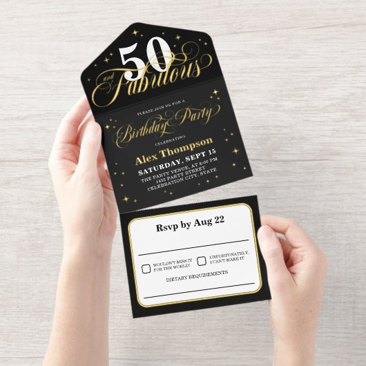 50 & Fabulous Glamoureus Gouden Verjaardagsfeest All In One Uitnodiging (Uittrekbaar)