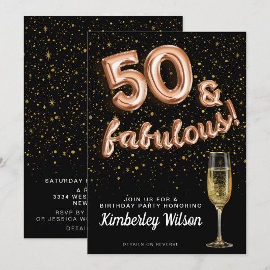 50 & Fabulous Glitter Black Roos Gold-ballontype Kaart (Voorkant / Achterkant)