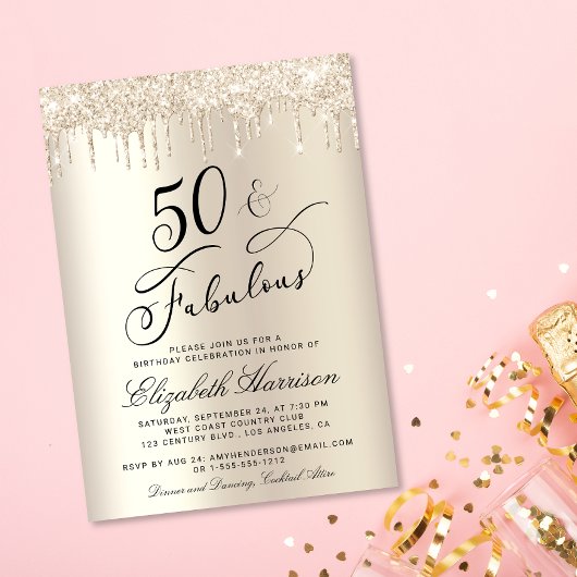 50 Fabulous Glitter Champagne Gold Birthday Party Kaart