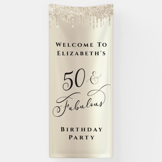 50 Fabulous Glitter Champagne Gold Birthday Party Spandoek (Verticaal)