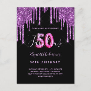 50 & Fabulous glitter drip zwarte paarse uitnodigi Briefkaart