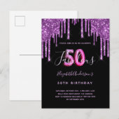 50 & Fabulous glitter drip zwarte paarse uitnodigi Briefkaart (Voorkant / Achterkant)