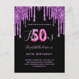 50 & Fabulous glitter drip zwarte paarse uitnodigi Briefkaart