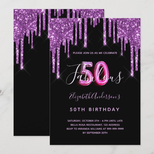 50 & Fabulous glitter dripping black paars glam Kaart (Voorkant / Achterkant)