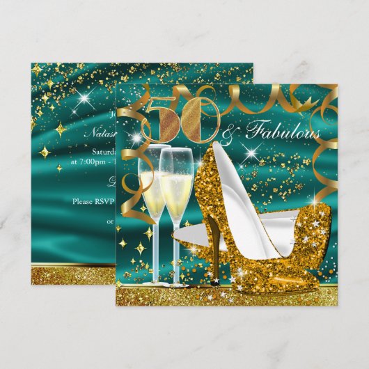 50 Fabulous Glitter Gold Jade Birthday Invite Kaart (Voorkant / Achterkant)