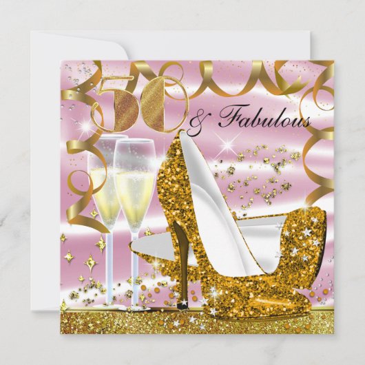 50 & Fabulous Glitter Gold Pink Birthday Invite Kaart (Voorkant)