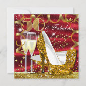 50 & Fabulous Glitter Gold Red Birthday Invite Kaart (Voorkant)