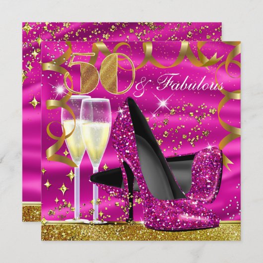 50 Fabulous Glitter Pink Gold Birthday Invite Kaart (Voorkant / Achterkant)