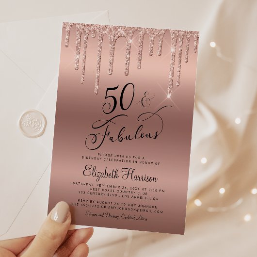 50 Fabulous Glitter Roos Gold Birthday Party Kaart