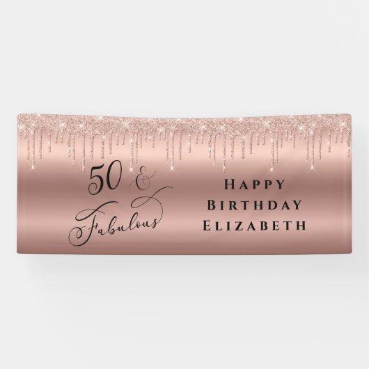 50 Fabulous Glitter Roos Gold Birthday Party Spandoek (Horizontaal)