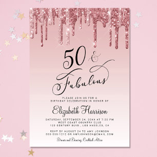 50 Fabulous Glitter Roos Gold Pink Birthday Party Kaart