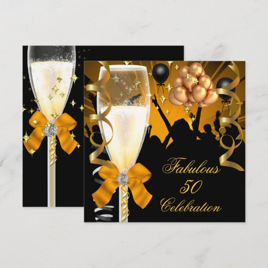 50 & Fabulous Gold Black Birthday Champagne Kaart (Voorkant / Achterkant)