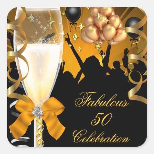 50 & Fabulous Gold Black Birthday Champagne Vierkante Sticker (Voorkant)