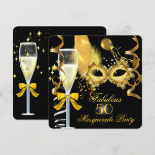 50 & Fabulous Gold Black Masquerade Party Kaart