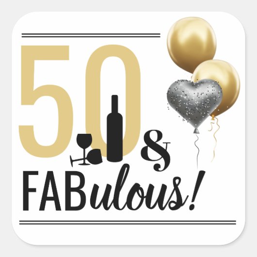 50 & Fabulous Gold & Black Modern Square Sticker (Voorkant)