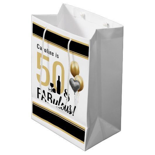 50 & Fabulous Gold en zwarte moderne feestdag Medium Cadeauzakje (Voorkant Gekanteld)
