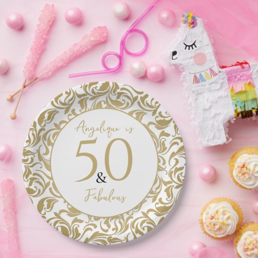 50 & Fabulous Gold Floral Pattern 50th Birthday Papieren Bordje (Feest)