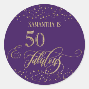 50 & Fabulous Gold Glitter Confetti, Deep Paarse Ronde Sticker