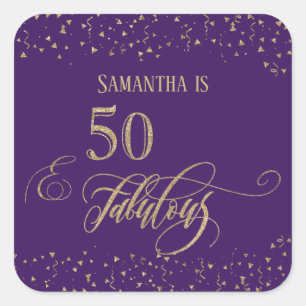 50 & Fabulous Gold Glitter Confetti, Deep Paarse Vierkante Sticker