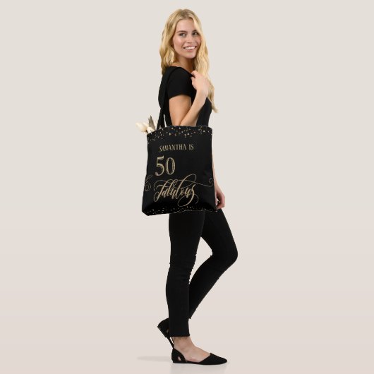 50 & Fabulous Gold Glitter Confetti, zwart Tote Bag (Op model)