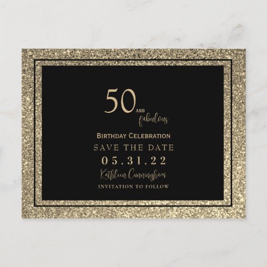 50 & Fabulous Gold Glitter Glam Save the Date Briefkaart (Voorkant)