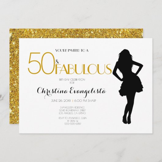 50 & Fabulous Gold Glitter met Modern Silhouet Kaart (Voorkant / Achterkant)