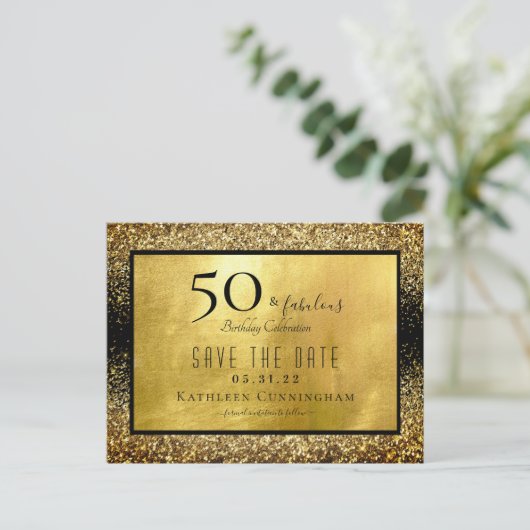 50 & Fabulous Gold Glitter Save the Date Briefkaar Briefkaart (Staand voorkant)