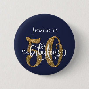 50 & Fabulous Gold Glitter Typografie Navy Blue Ronde Button 5,7 Cm